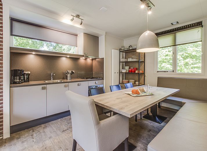 Terras met zitgelegenheid bij Aelderholt 8-persoons vakantiehuis in Aalden, Drenthe.