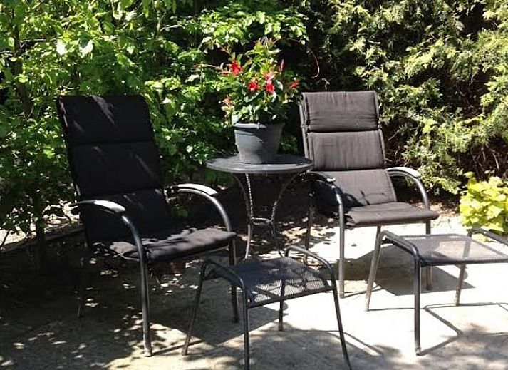 Cozy garden at Holiday Home in Exloo, Drenthe, with picnic table and flowering plants.