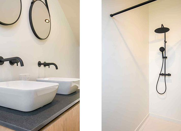 Modern bathroom in DG1512 vacation home Exloo, Drenthe with stylish double sink.