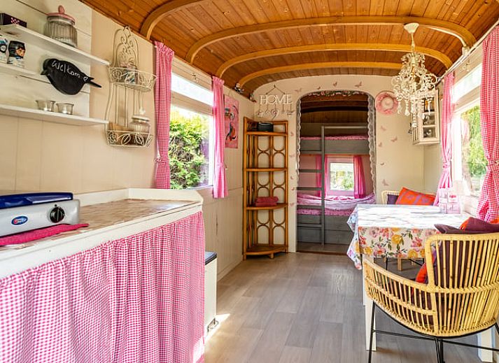 Gezellige veranda van Vakantiehuis in Roswinkel, Drenthe, omgeven door groen voor een ontspannen verblijf.