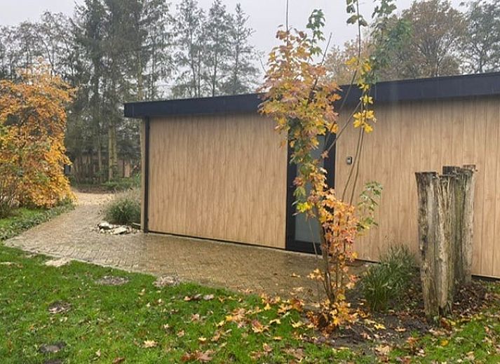 Modern interior space of Holiday Home in Dalerveen, Southeast Drenthe with coffee maker and garden view.