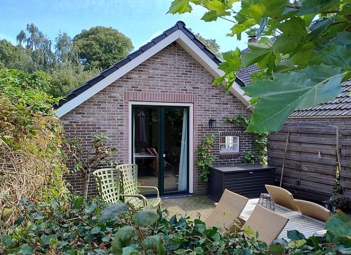 Geniet van het zonnige terras bij Vakantiehuisje in Dalerveen, Zuidoost Drenthe, omgeven door groene natuur en rust.