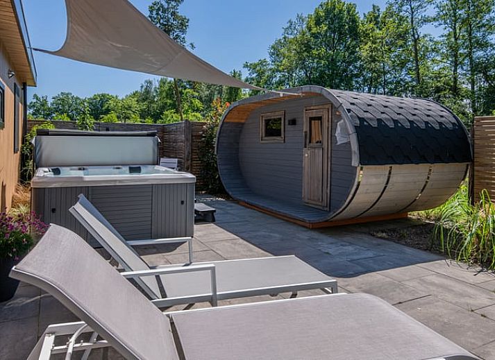 Moderne woonkamer in Vakantiehuisje in Dalerveen, Zuidoost Drenthe, met open keuken en comfortabele zitplaatsen.