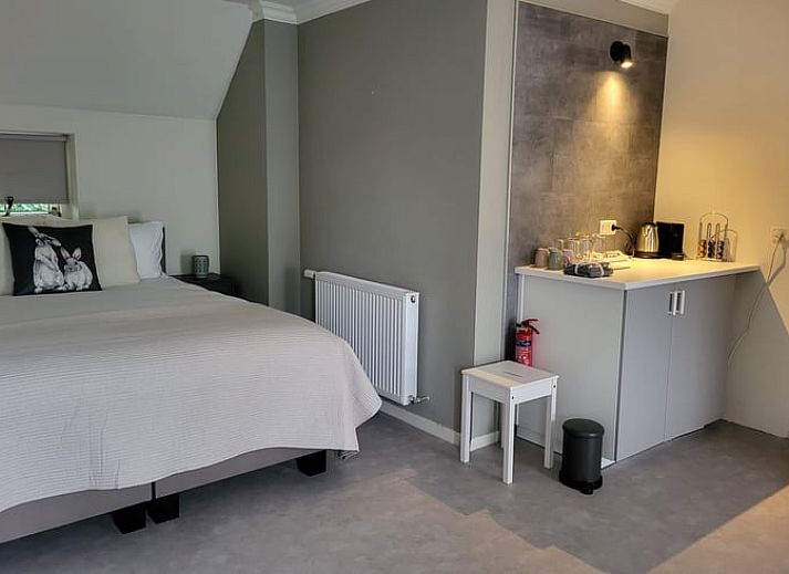 Gemuetliches Schlafzimmer im Cottage in Dalerveen, Suedost-Drenthe, mit einem bequemen Doppelbett und stimmungsvoller Beleuchtung.