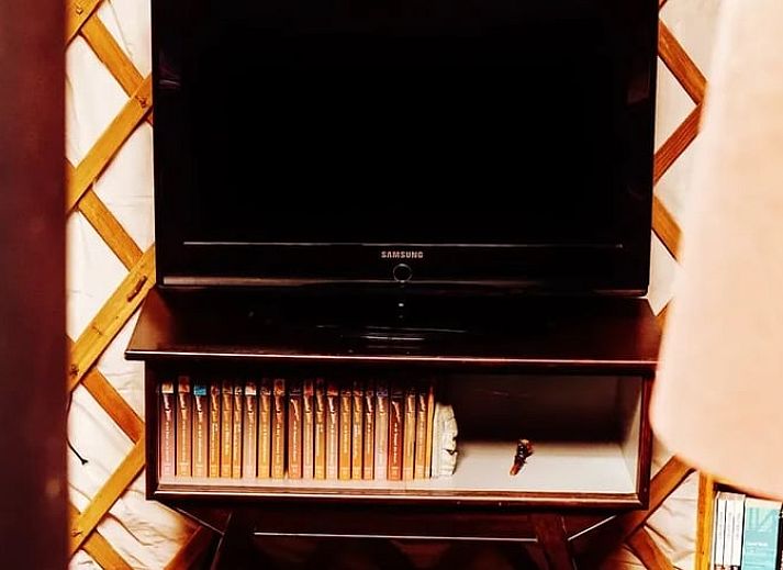 Detail der Jurten-Tuer des Ferienhauses in Emmen, Drenthe, mit handwerklichen Schnitzereien.