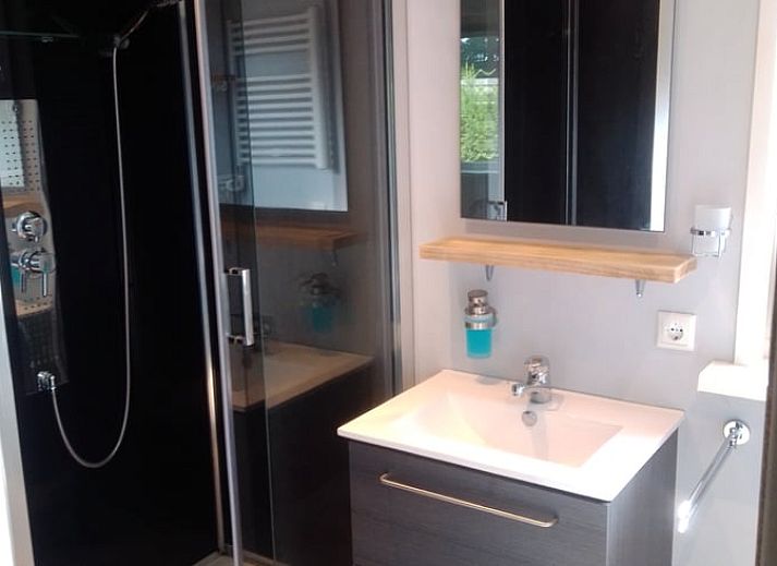 Modernes Badezimmer im Ferienhaus in Dalen, Suedost-Drenthe, mit Luxusdusche und stilvoller Einrichtung.