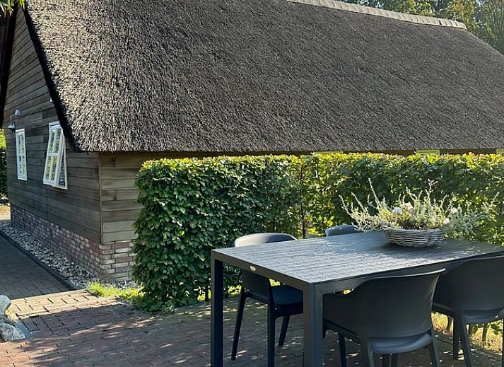 Moderne woonkamer in Vakantiehuisje in Valthe, Drenthe met stijlvolle meubels en decoratie.