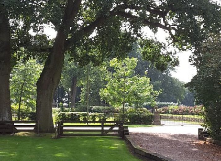 Ferienhaus auf dem Bauernhof in Valthe, Drenthe mit bluehenden Baeumen und gruenem Garten.