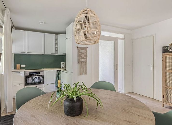 Lichte woonkamer in Vakantiehuis in Schoonoord, Zuidoost Drenthe met moderne inrichting en uitzicht op groene tuin.