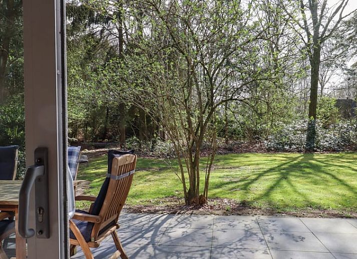 Gemuetliche Terrasse im Ferienhaus in Geesbrug, Drenthe, umgeben von Natur.