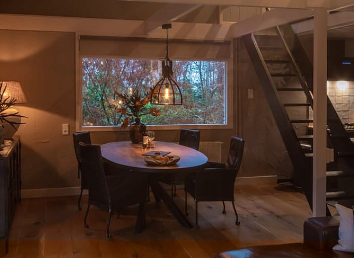 Gemuetliche Terrasse im Ferienhaus in Geesbrug, Drenthe, umgeben von gruener Natur fuer ultimative Entspannung.