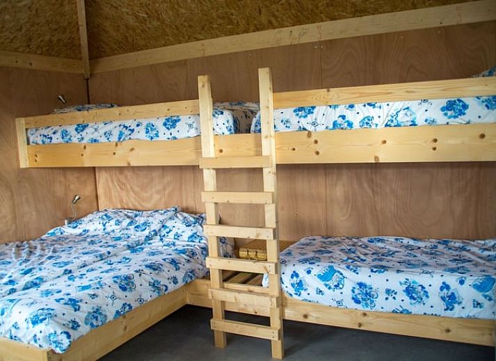 Vakantiehuisje in Coevorden met houten veranda en groene omgeving in Zuidoost Drenthe.