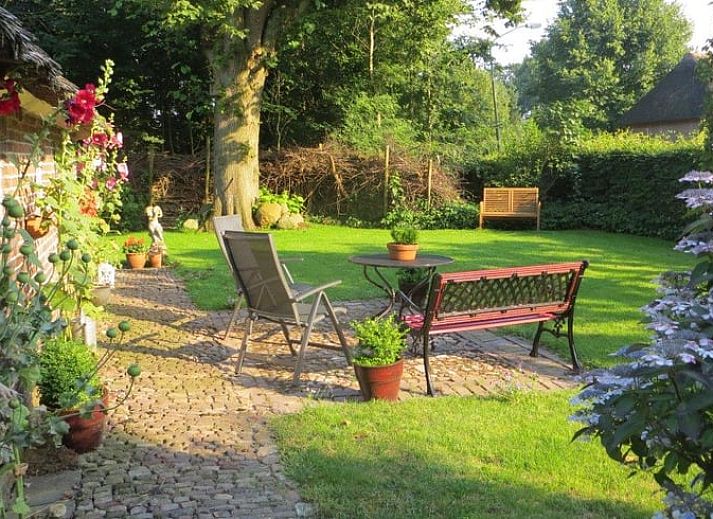 Gezellig terras bij Huisje in Benneveld, vakantiehuis in Zuidoost Drenthe met tuinmeubilair en parasol.