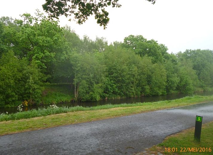 Bluehender Garten am Ferienhaus in Nieuw-Dordrecht mit Blick auf Wiesen, Suedost-Drenthe, Drenthe.