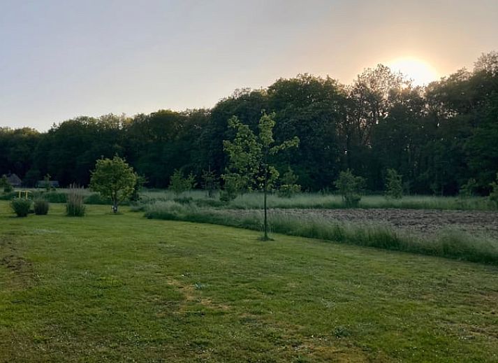 Gemuetliches Esszimmer im Ferienhaus Klijndijk, Drenthe, mit Holztisch und Korbsesseln.