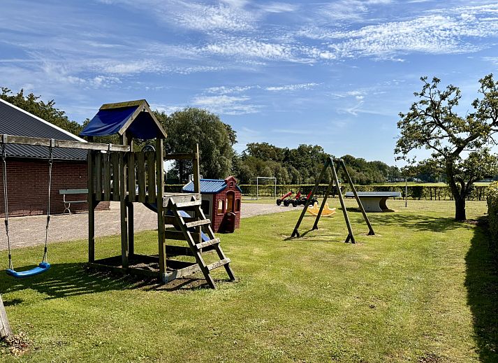Grosser Garten am Ferienhaus DG1706 in Havelte, Drenthe mit Spielplatz und gruener Hecke.