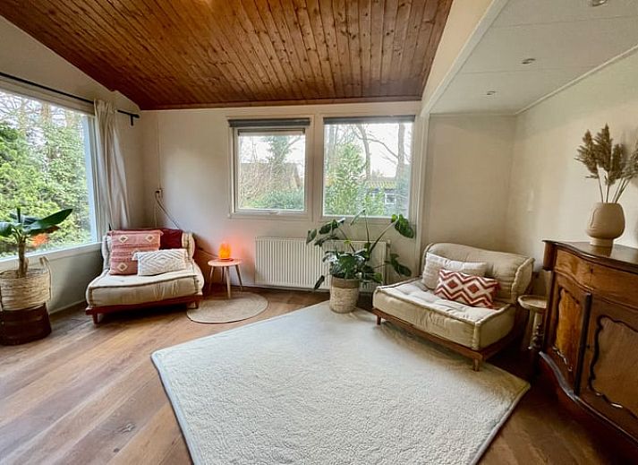 Aussenbereich des Ferienhauses in Havelte, Sued-West Drenthe, umgeben von gruener Natur und Baeumen.