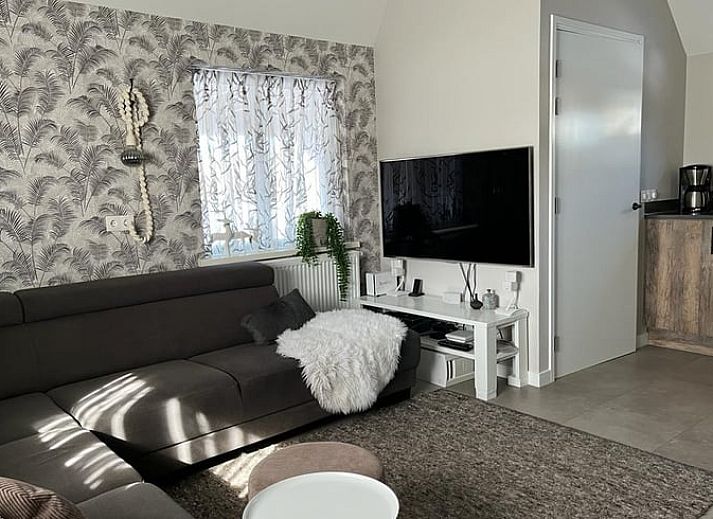 Terrasse des Ferienhauses in Zuidwolde, Suedwest-Drenthe, mit Holztisch und bequemen Stuehlen fuer Mahlzeiten im Freien.