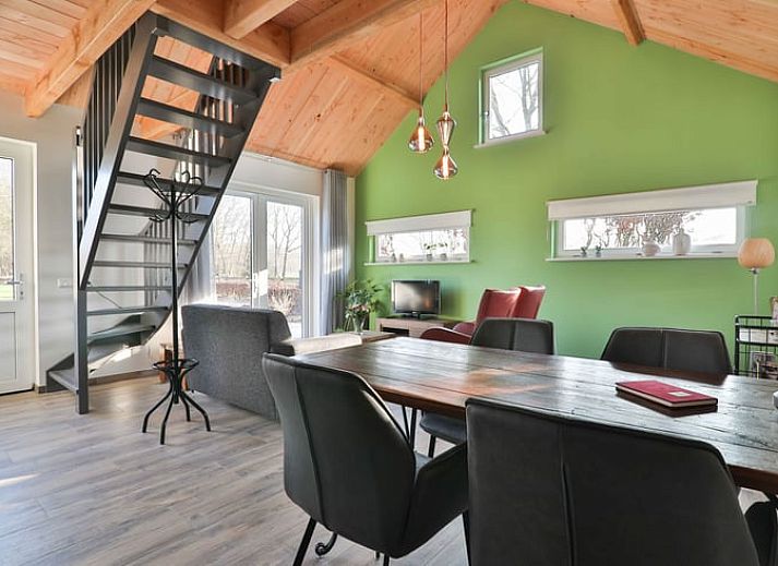 Gezellige woonkamer in Vakantiehuis in Zuidwolde, Drenthe met moderne inrichting en houten plafond.