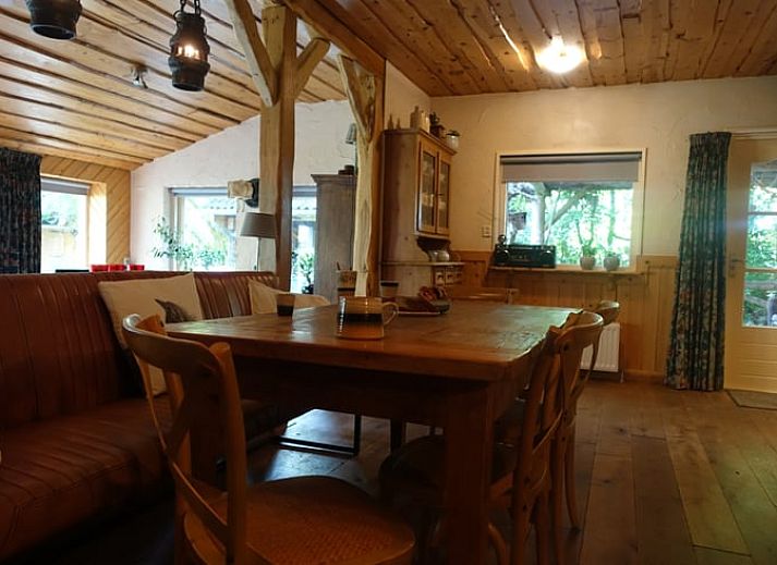 Gezellige woonkamer van Huisje in Zuidwolde, Drenthe, met rustieke inrichting en uitzicht op de groene omgeving.