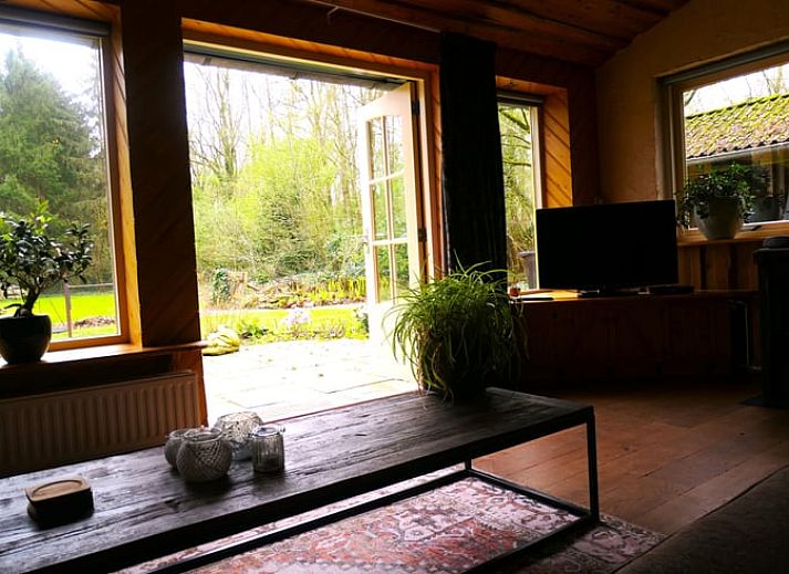 Gezellige woonkamer van Huisje in Zuidwolde, Drenthe, met rustieke inrichting en uitzicht op de groene omgeving.