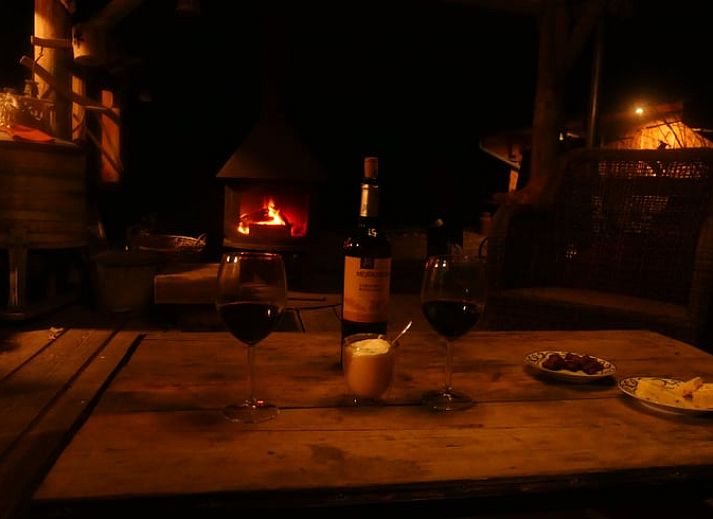 Gezellige woonkamer van Huisje in Zuidwolde, vakantiehuis in Zuidwolde, Drenthe, met houten interieur en uitzicht op de tuin.