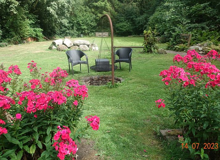 Gezellige woonkamer van Huisje in Zuidwolde, vakantiehuis in Zuidwolde, Drenthe, met houten interieur en uitzicht op de tuin.