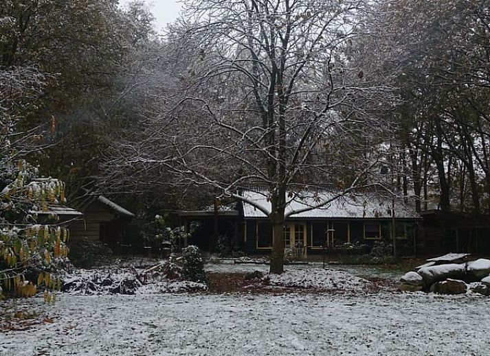Gezellige woonkamer in Huisje in Zuidwolde, vakantiehuis in Zuidwest Drenthe, met rustieke houten meubels en warme inrichting.