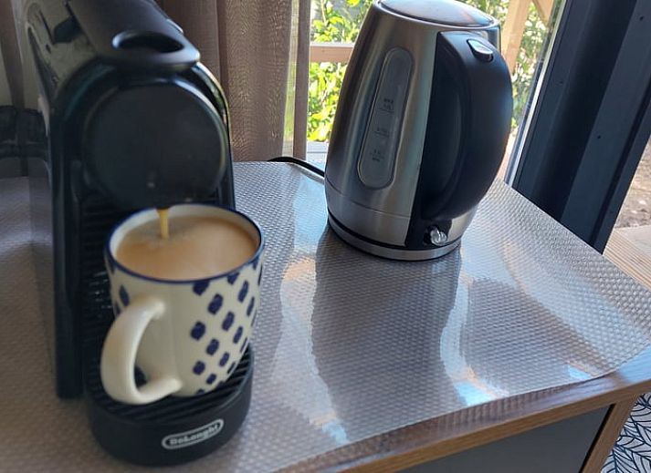 Gemuetliche Terrasse am Ferienhaus in Zuidwolde, umgeben von Natur in Drenthe.