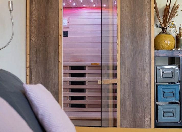 Entspannen Sie sich im Garten von Huisje in Ruinen, einem Ferienhaus im Suedwesten von Drenthe mit Haengematte und Terrasse inmitten gruener Natur.