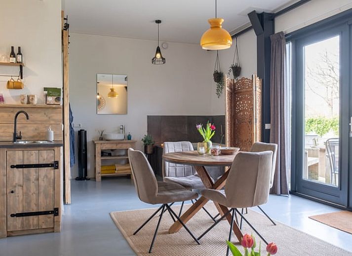 Entspannen Sie sich im Garten von Huisje in Ruinen, einem Ferienhaus im Suedwesten von Drenthe mit Haengematte und Terrasse inmitten gruener Natur.