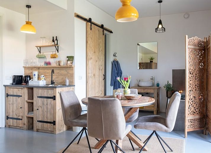 Entspannen Sie sich im Garten von Huisje in Ruinen, einem Ferienhaus im Suedwesten von Drenthe mit Haengematte und Terrasse inmitten gruener Natur.