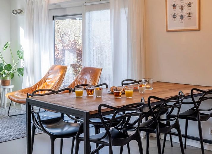 Moderne zithoek in Vakantiehuisje in Dwingeloo, Zuidwest Drenthe, met comfortabele stoelen en groene planten.