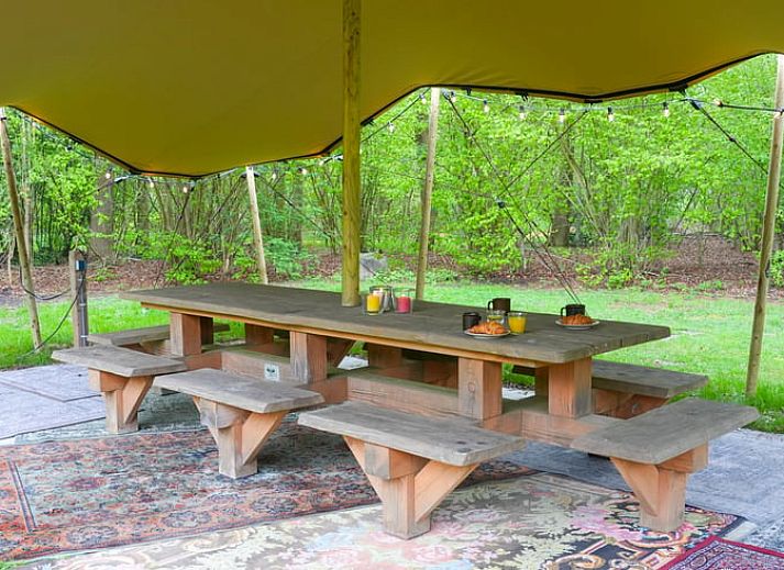 Eetruimte in Vakantiehuisje in Dwingeloo, Zuidwest Drenthe, met stijlvolle stoelen en zonnig uitzicht.