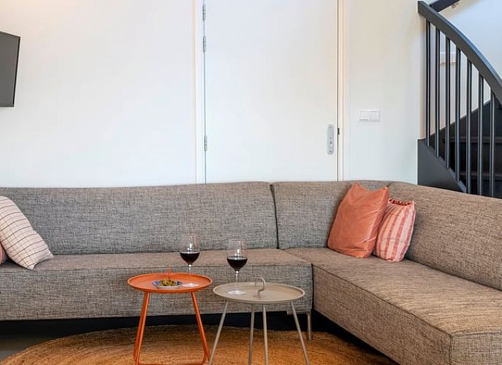 Gezellige zithoek in Vakantiehuis in Dwingeloo, Zuidwest Drenthe, met comfortabele bank en decoratieve kussens.