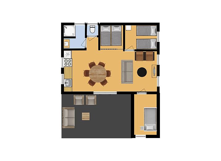 Cozy living room of Hooiberglodge in Dwingeloo, Southwest Drenthe. Enjoy a cozy vacation home with wooden interior and comfortable seating area.