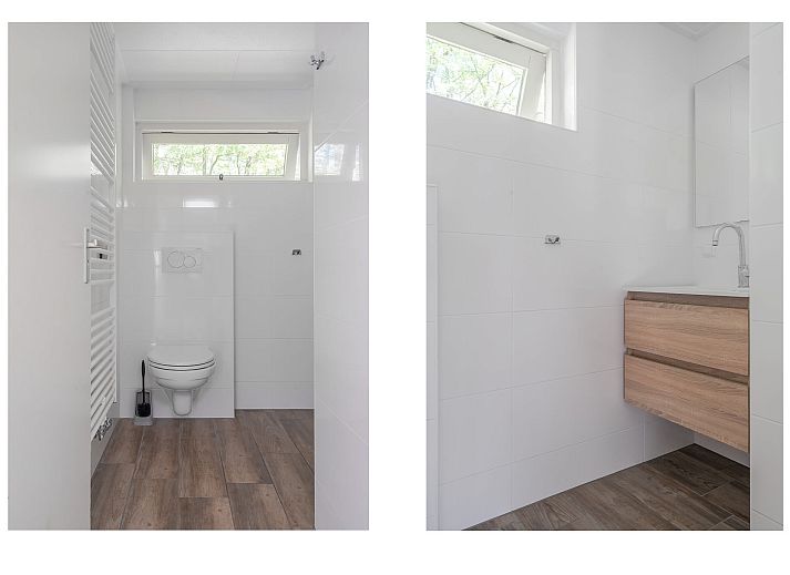 Gezellige eetkamer in Bungalow Maan, een vakantiehuis in Dwingeloo, Zuidwest Drenthe. Moderne keuken en ruime tafel voor familiediners.