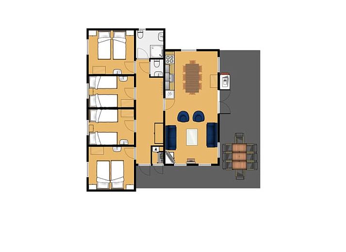 Ruime woonkamer van Bungalow Maan in Dwingeloo, Zuidwest Drenthe, met veel natuurlijk licht en uitzicht op de groene omgeving.