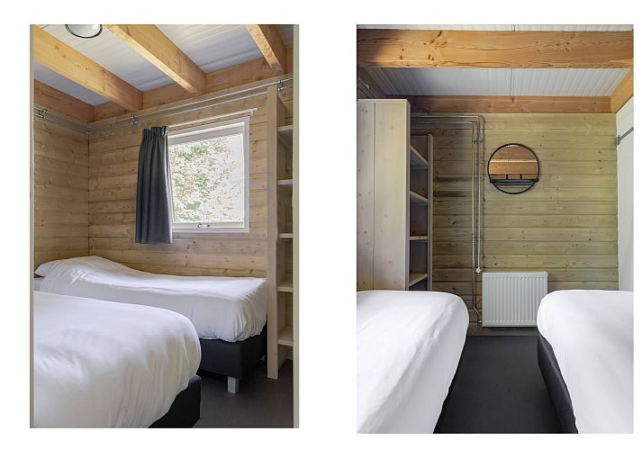 Cozy interior of Heidelodge vacation home in Dwingeloo, Southwest Drenthe, with wooden interior and modern kitchen.