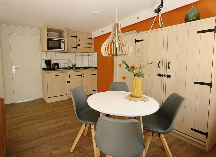 Gezellige woonkamer van Bungalow Mars in Dwingeloo, Zuidwest Drenthe, met uitzicht op terras en groene omgeving.