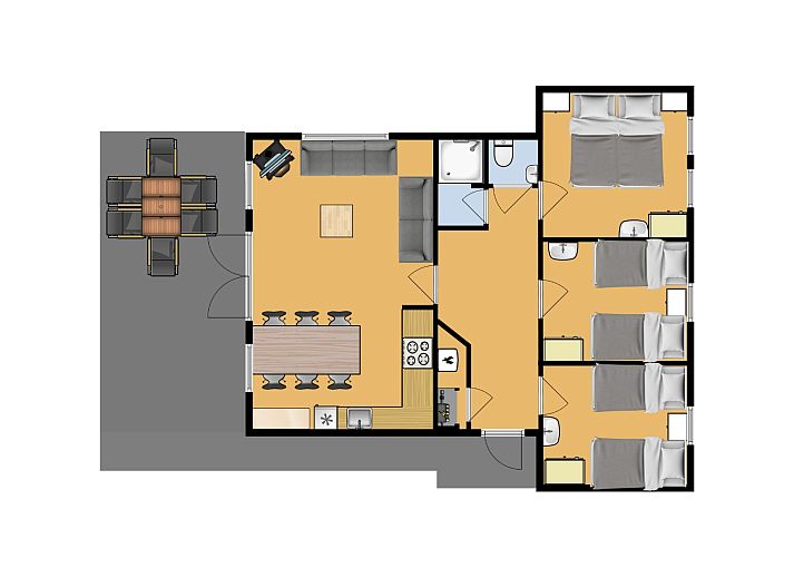 Gezellige binnenruimte van Bungalow Saturnus in Dwingeloo, Drenthe, met moderne keuken en eetruimte voor een ontspannen vakantieverblijf.