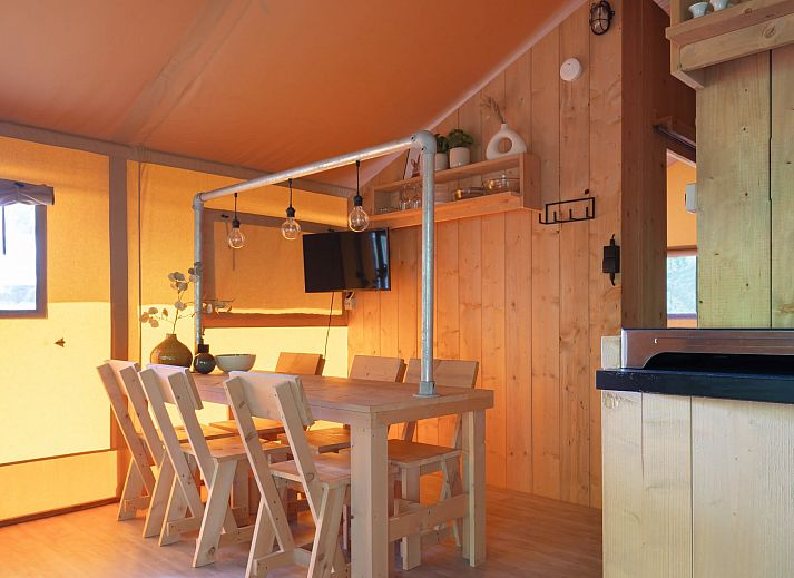 Das Safarizelt Castor in Dwingeloo, Drenthe, bietet eine charmante Glamping-Lodge mit einer einladenden Veranda mitten im Gruenen.