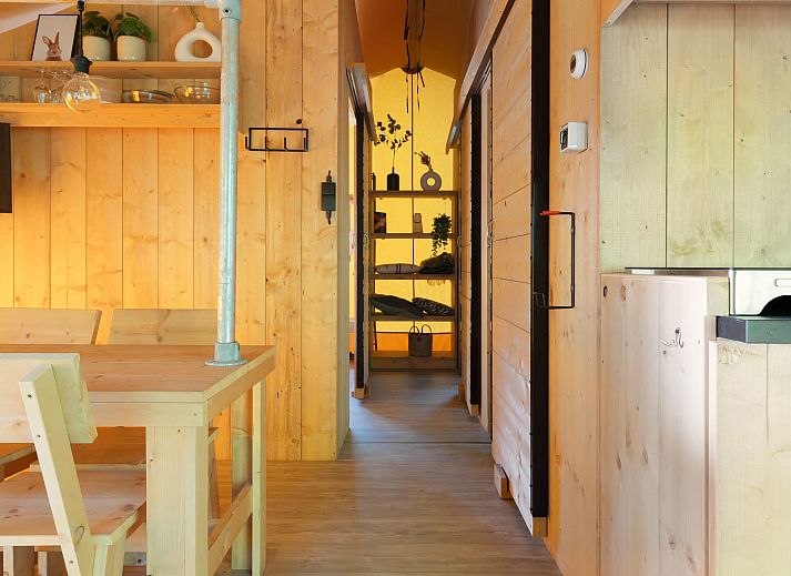 Das Safarizelt Castor in Dwingeloo, Drenthe, bietet eine charmante Glamping-Lodge mit einer einladenden Veranda mitten im Gruenen.