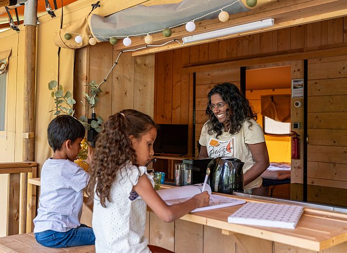 Buitenzicht van Safaritent Ceres, een glamping lodge in Dwingeloo, Zuidwest Drenthe, omgeven door groene natuur.