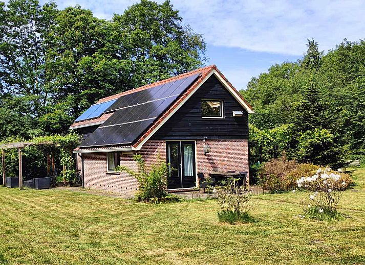 Charmant terras van vakantiehuis DG603 in Dwingeloo, Zuidwest Drenthe, met uitzicht op groene tuinen.