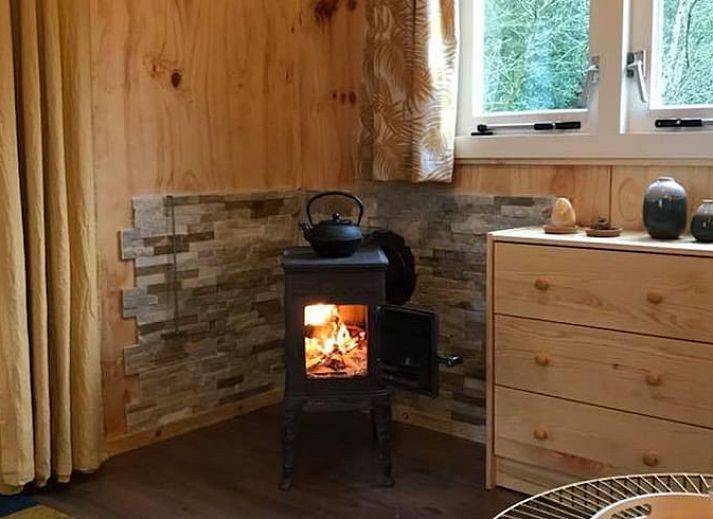 Gezellige woonkamer in Vakantiehuisje in Dwingeloo, Zuidwest Drenthe, met houten interieur en moderne inrichting.