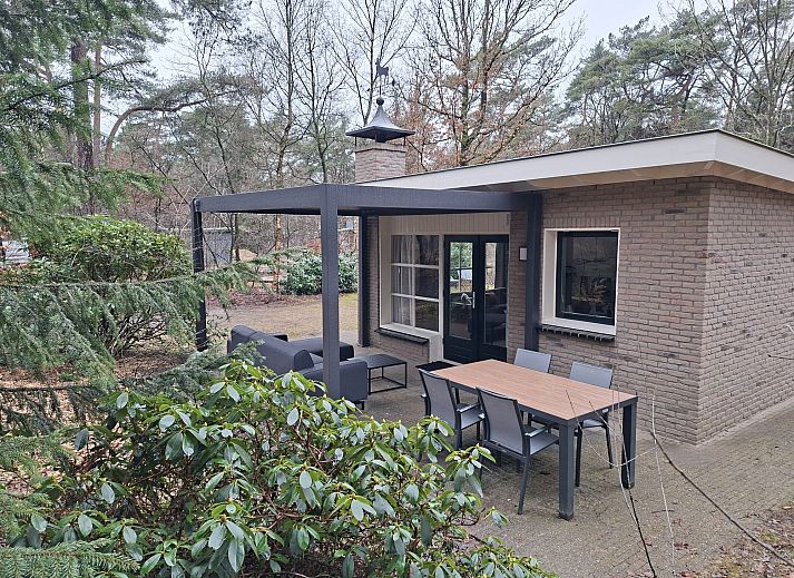 Geniessen Sie die Ruhe auf der Terrasse von Bungalow Polaris in Dwingeloo, im Suedwesten von Drenthe, umgeben von ueppiger Natur und Gruen.