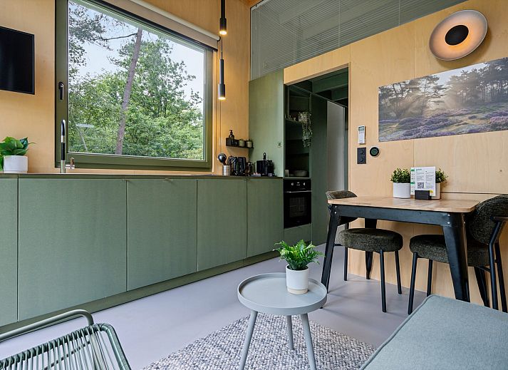 Das Tiny House Eris mit Sauna in Dwingeloo, im Suedwesten von Drenthe, bietet ein rustikales Erlebnis inmitten der Natur mit einer einladenden Terrasse.