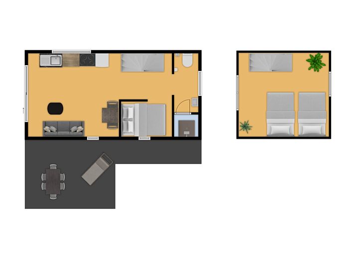 Aerial view of Tiny House Eris with sauna, a vacation home in Dwingeloo, southwest Drenthe, surrounded by lush nature and greenery.