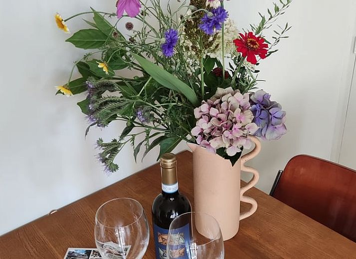 Charmante Terrasse am Ferienhaus in Dwingeloo, Suedwest-Drenthe, mit bequemen Stuehlen und Sonnenschirm.